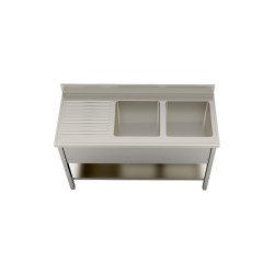 Lavello a giorno smontabile 1400X700 su gambe con ripiano inferiore 2 vasche gocciolatoio sinistro